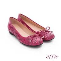 在飛比找momo購物網優惠-【effie】都會舒適 全真皮鏤空金箔蝴蝶結飾平底鞋(桃粉紅