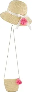 [Deux par Deux] Straw Bag and Hat Set Straw and Pink Girl Toddler, Straw and Pink, 3 Years