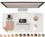 RENMTURE Dual-Sided Desk Pad, Natural Cork & PU Leather Large Mouse mats for Office and Home Work, Desk Protector Non-Slip, Waterproof, Easy Clean (Milky White, 36"x17")