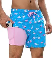 [SHEKINI] 5" Mens Swim Shorts with Compression Liner 2 in 1 Swim Trunks Quick Dry with Zipper Pockets Bathing Suit Surfing Stretchy Beach Shorts, Flamingos - Green, S