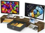 Dual Monitor Stand Riser with Drawer, 3 Shelf Computer Monitor Riser with Adj...