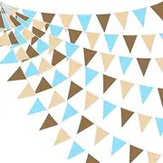 32Ft Brown Blue Party Decorations Brown Blue Pennant Banner Fabric Triangle Flag Bunting Garland Streamers for Teddy Bear Safari Wild Baby Shower Gender Reveal Birthday Theme Party Decor