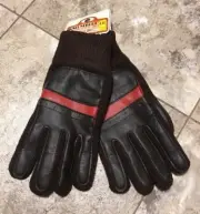Vintage Knit Street Women's Winter Gloves Brown Knit & Red Stripe Pleather NWT
