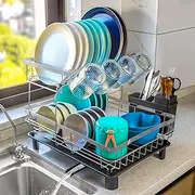 Goderewild 2-Tier Dish Drying Rack for Kitchen Counter,Space-Saving Dish Rack with Drainboard,Rustproof Countertop Dish Drainer with Utensil Holder for Sink,Gray