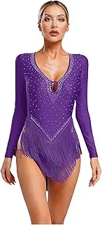 [TiaoBug] Women Rhinestones Fringe Bodysuit Long Sleeve Backless Backless Latin Jazz Dance Leotard Costume