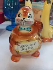 Vintage Enesco Anthropomorphic Beaver Dam Jelly Pool Jar Spoon Lid 4.5" Tall #2