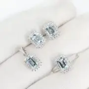 Cluster Diamond Aquamarine Jewelry Set,Aquamarine Ring Pendant Earrings,14k Gold