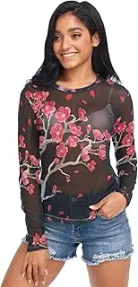 [RPLIFE] Red Flowers Gray Branches Black Mesh Tops, See Through Shirts S-XXL