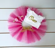 3 Piece Light Pink & Hot Pink First Birthday Outfit - Cake Smash Outfit - Gold