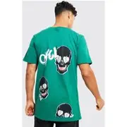 Mens Green Longline Ofcl Skull Back Graphic T-shirt