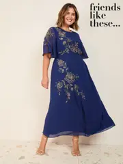 Friends Like These Navy Chiffon Angel Sleeve Embellished Midi Dress (AR9350) | $160