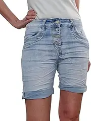[Karostar] Women's Baggy Denim Stretch Shorts Short Denim Jeans Trousers Boyfriend Decorative Jewellery Buttons, Destroyed