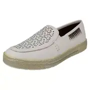 LADIES REMONTE FLAT FORM WHITE LEATHER CUTOUT SLIP ON CASUAL SHOES D1F06