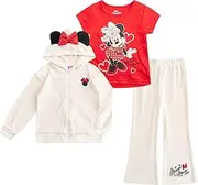 [Disney] Minnie Mouse Girls Velour Zip Up Sequin Hoodie, T-Shirt, and Flared Pants Set for Toddler to Big Kids