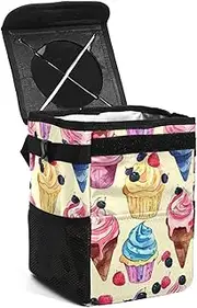 Car Trash Can with Lid,Bag Hanging Storage Pockets Leak-Proof,Portable Garbage Bin,Colorful Doodle Ice Cream