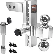 Adjustable Trailer Hitch (2-Inch Receiver), with 10 Inch Drop/Rise Chrome Plated Steels Balls, Heavy Duty Aluminum Tow Hitches (12,500 LBS GTW) with Weatherproof Anti-Theft Locking Hitch Pins