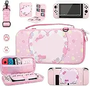 RHOTALL Cute Bunny Carrying Case for Nintendo Switch, Pink Potable Travel Case Accessories Bundle for Switch with Protective Shell, Shoulder Strap, Game Card Case, Screen Protector and 2 Thumb Caps