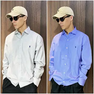 美國百分百【全新真品】Ralph Lauren 長袖襯衫 RL 上衣 小馬 POLO 素面 襯衫 灰色/紫藍 CJ12