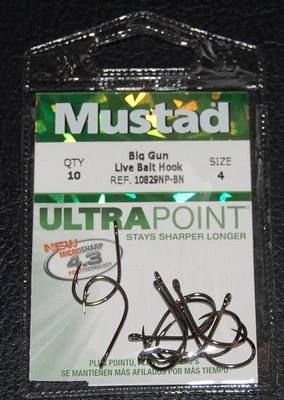 10 Pack Mustad Ultra Point 10829NP-BN-04 Big Gun 2x Live Bait Hooks - Size 4