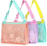 Tagitary Beach Toy Mesh Beach Bag Kids Shell Collecting Bag Beach Sand Toy Seashell Bag for Holding Shells Beach Toys Sand Toys Swimming Accessories for Kids (Mint+Peach+Lavender)