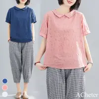 在飛比找momo購物網優惠-【ACheter】日本雜誌蕾絲棉麻澎袖修身寬鬆短袖上衣#10