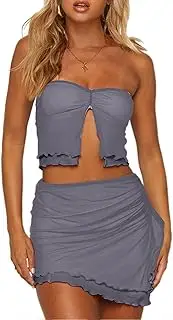[CSDAJIO] Women's 2 Piece Outfits Sheer Mesh Split Front Strapless Tube Crop Top and Ruffle Mini Skirt Set