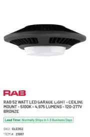 RAB Lighting GLED52 52 Watt LED Garage Ceiling Light Fixture w/ Prismatic Lens