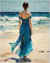 People Paint by Numbers Kit for Adults - DIY Woman in Flowing Blue Dress by the Sea Painting on Canvas 16x20 Inches, Acrylic Paint Set, Suitable for Beginners,Coastal Art for Home Decoration