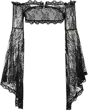 [Botenwall] Women Gothic Cardigan Black Punk Crop Top Lace Bolero Shrugs Long Sleeve Shawls Y2K Mesh Cover Up