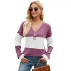 Women V Neck Button Front Knit Sweater Long Sleeve Color Block Jumper Tunics Top
