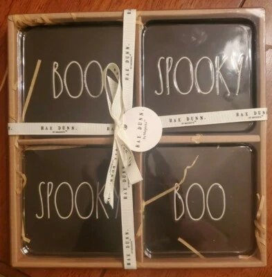 Rae Dunn Ceramic Halloween Fall BOO SPOOKY Coasters Gift Set of 4