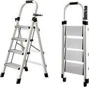 4 Step Ladder, Aluminium Folding Step Stool, Portable Non-Slip Household Stepladder with Wide Anti-Slip Pedals,for Home, Kitchen, Pantry, Indoor/Outdoor Use