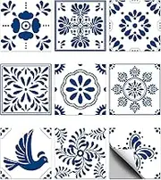 CHGCRAFT 36pcs 9 Styles Mexican Ceramics Blue Tile Stickers Waterproof Tile Stickers Square with Flower Pattern for Kitchen Bathroom Bedroom Wall Floor Decoration, Dodger Blue, 3.9×3.9inch
