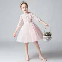 在飛比找蝦皮商城精選優惠-女童中袖蕾絲晚禮服連衣裙 修身粉色短款洋裝 喜宴花童伴娘禮服
