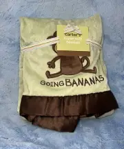 Carters Going Bananas green brown monkey satin edge Baby Blanket