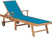 Sun Lounger with Blue Cushion Solid Teak Wood