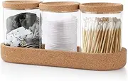 Anhow 3 Pack Qtip Holder Dispenser, Makeup Organizer with Cork Lids and Cork Pallet Cosmetic Display Cases Cotton Pad Dispenser for Cotton Ball, Cotton Swab, Cotton Round Pads, Floss - Clear
