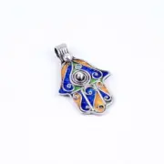 Moroccan Enamel Silver Hand of Fatima Medium Hamsa Pendant Amulet Berber Jewelry