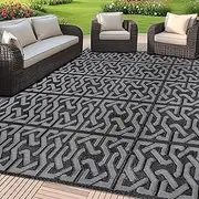 SAND MINE Reversible Mats, Plastic Straw Rug, Modern Area Rug, Large Floor Mat and Rug for Outdoors, RV, Patio, Backyard, Deck, Picnic, Beach, Trailer, Camping (9' x 12', Black & Grey)