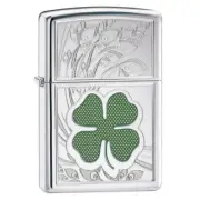 Zippo Refillable Windproof Lucky Four Leaf Clover High Polish Chrome Lighter