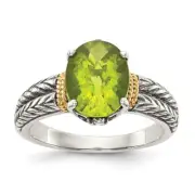 Sterling Silver with 14K Accent Antiqued Oval Peridot Ring Size 7