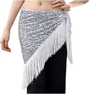 [CekoCk] Sequin Skirt，Belly Dancer Skirt, Dance Accessories,Sequined Triangle Towel Waist Chain Sequins Tassel Hip Towel Waist Towel Dance Practice Clothes Costumes Coin Scarf (Color : Fm6196 White)