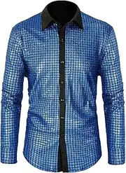 [CARUHIF] Men's 70s Disco Shirt Sequin Long Sleeve Button Shirts Shiny Prom Party Costume