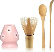 Set of 4 Matcha Set with Matcha Broom, Spoon and Matcha Whisk Holder Matcha Accessories (Pink-White)