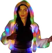 [GUOCHU] Womens Faux Fur LED Jacket Girls Flash Light Stage Festival Costume Hooded Clothing LED001