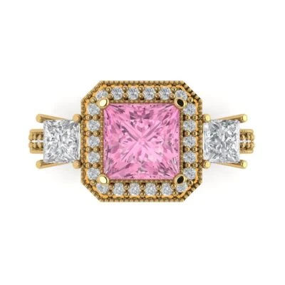 3.1Ct Princess Cut Pink Gemstone Solid Gold Engagement Promise Statement Ring