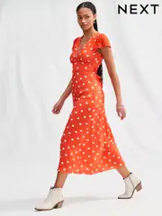 Red/White Spot Flutter Sleeve V-Neck Tie Waist Maxi Dress (AK3959) | $103