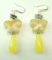 Yellow Agate Briolette Lampwork Butterfly Earrings Handmade Jewelry