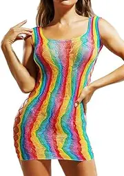 [Generic] Fishnet Bodysuit Rainbow Mesh Colorful Bodysuits Party Bodysuit for Women and Girls