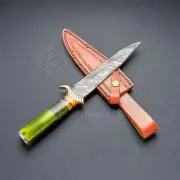 Handmade Damascus Gonga Knife Dyed Bone Handle Free Leather Sheath